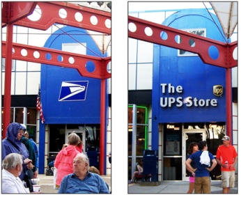 The Minnesota State Fair’s on-site post office had a new look in 2013 (right), ditching the U.S. Postal Service logo present a year earlier – and stoking concerns about privatization of the postal service.