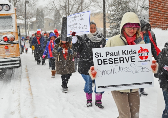 St. Paul teachers and their supporters join a "walk-in" demonstration at American Indian Magnet school in the city's Dayton's Bluff neighborhood.