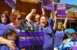 Pro-union home health care workers celebrated the results of their organizing election last August.