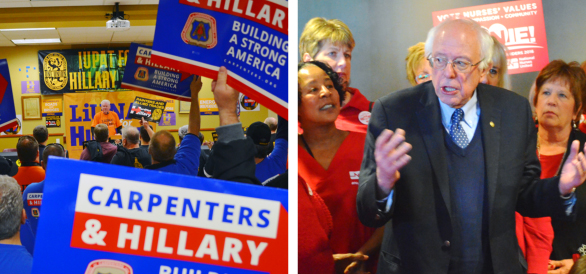 Left: Laborers President Terry O'Sullivan rallies a crowd of Hillary Clinton volunteers. Right: Bernie Sanders thanks members of the Minnesota Nurses Association for their support.
