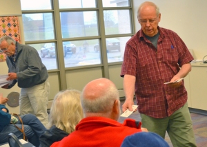 The Retiree Council's Tom Beer distributed information during a presentation on Social Security in Fridley, hosted by Congressman Keith Ellison's office.